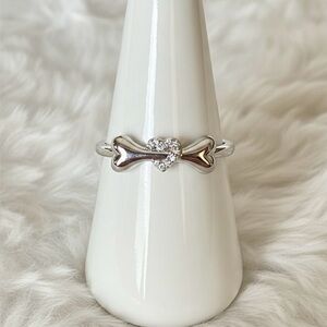 Sterling Silver Dog Bone & Heart Round Cut Clear CZ Ring, size 9